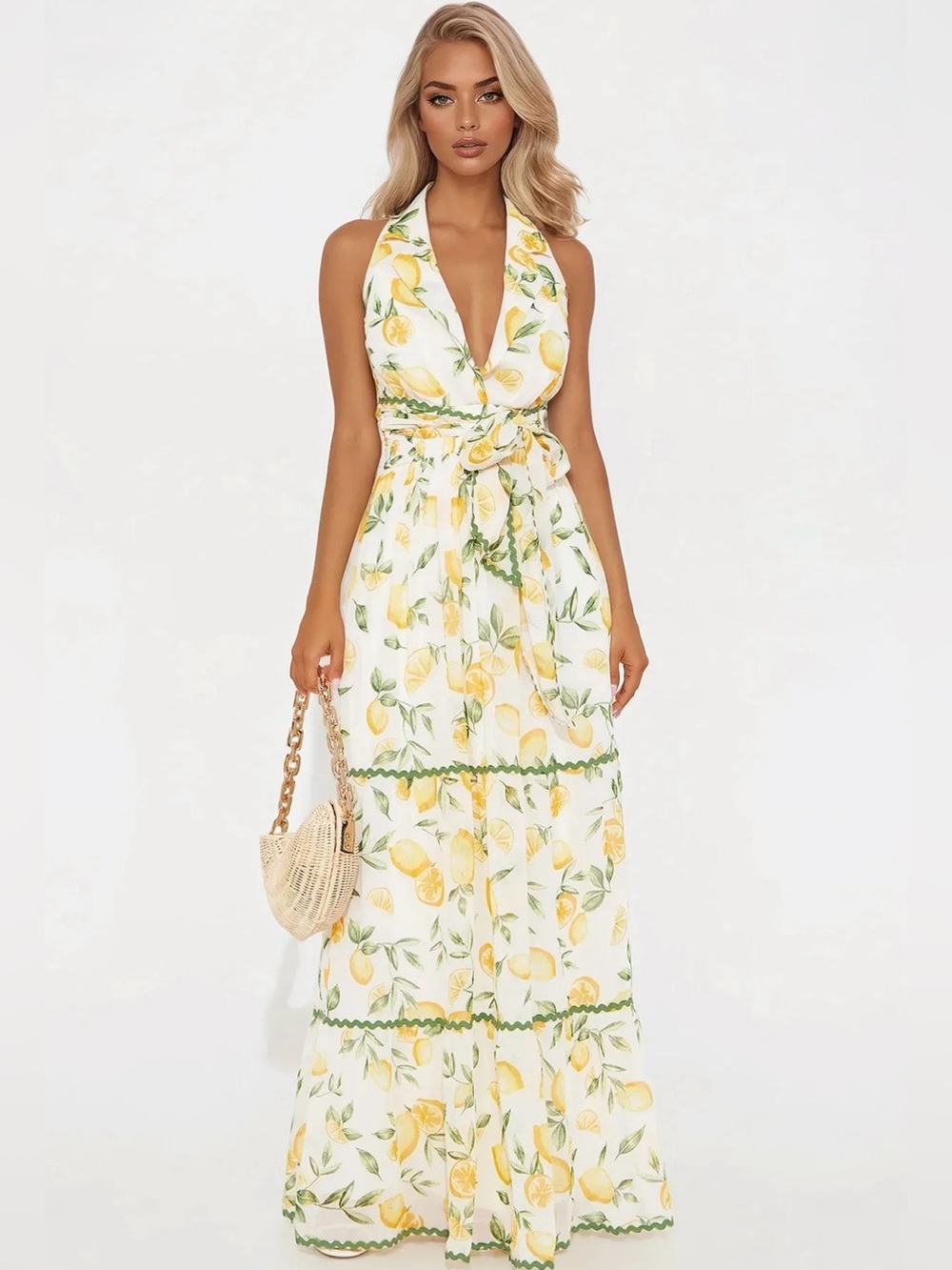 Lemon Print Halter Maxi Dress - White/Yellow